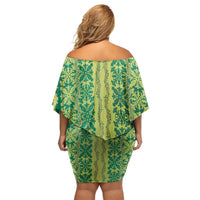 Hawaii Lei with Tribal Quilt Motif Family Matching Off Shoulder Short Dress and Hawaiian Shirt LT9 - Polynesian Pride