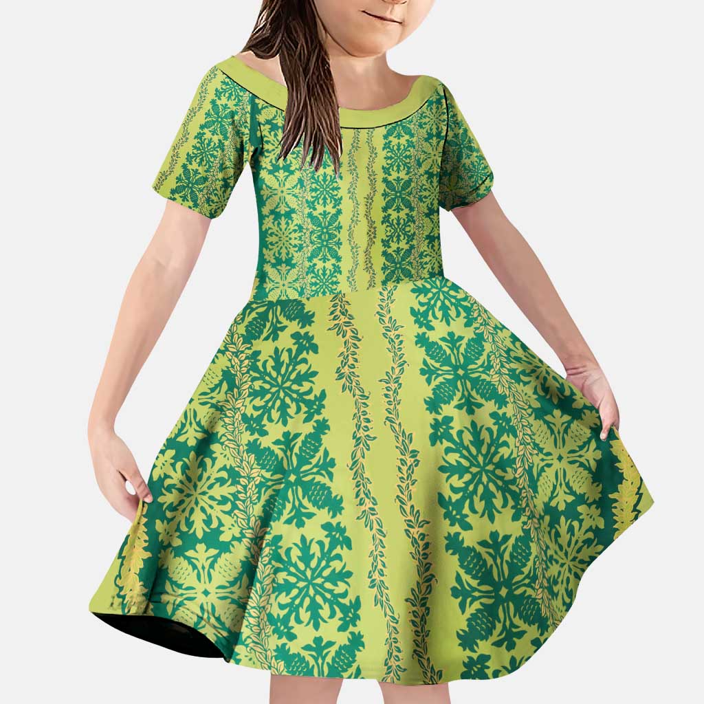 Hawaii Lei with Tribal Quilt Motif Family Matching Puletasi and Hawaiian Shirt LT9 Daughter's Dress Green - Polynesian Pride