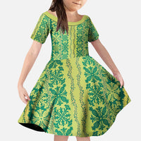 Hawaii Lei with Tribal Quilt Motif Family Matching Puletasi and Hawaiian Shirt LT9 Daughter's Dress Green - Polynesian Pride