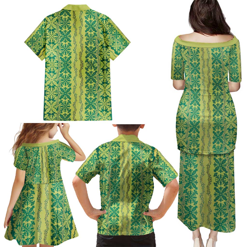 Hawaii Lei with Tribal Quilt Motif Family Matching Puletasi and Hawaiian Shirt LT9 - Polynesian Pride