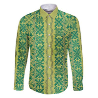 Hawaii Lei with Tribal Quilt Motif Family Matching Puletasi and Hawaiian Shirt LT9 Dad's Shirt - Long Sleeve Green - Polynesian Pride