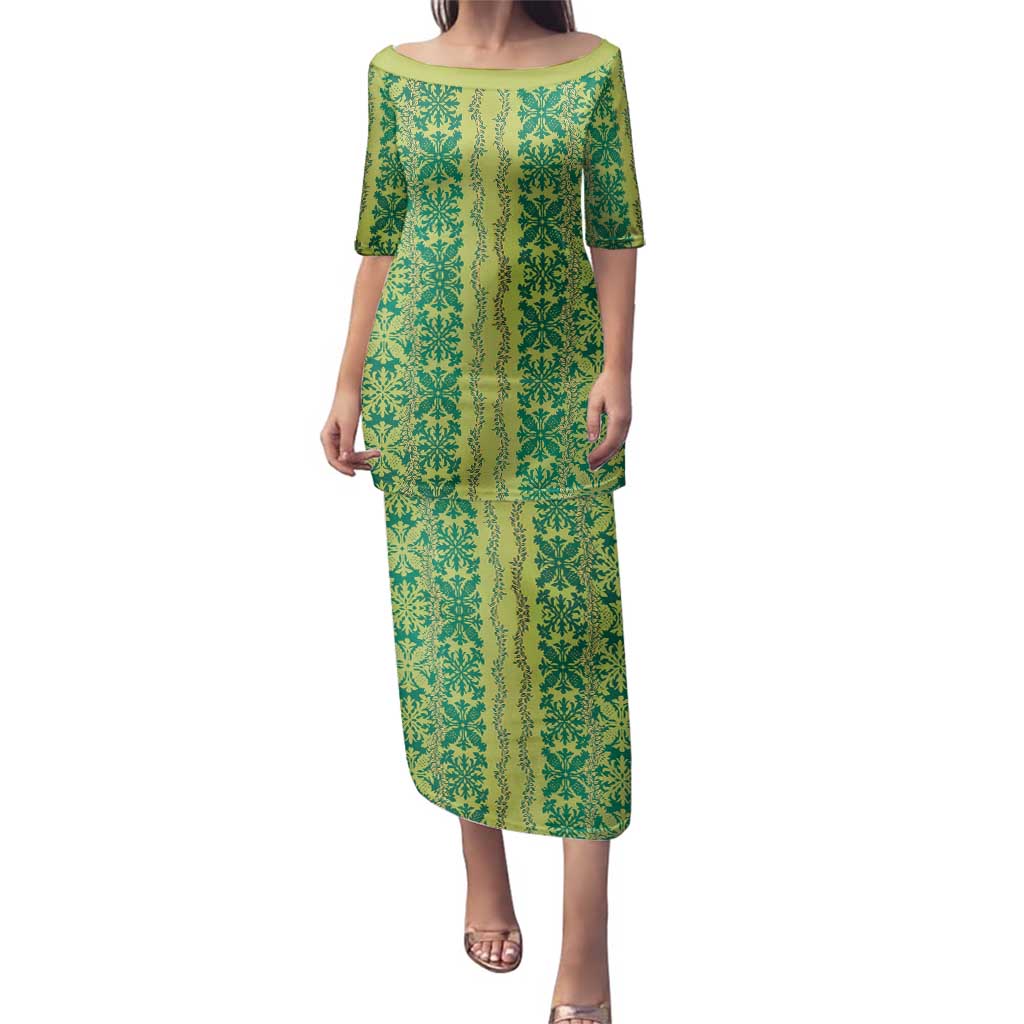 Hawaii Lei with Tribal Quilt Motif Family Matching Puletasi and Hawaiian Shirt LT9 Mom's Dress Green - Polynesian Pride