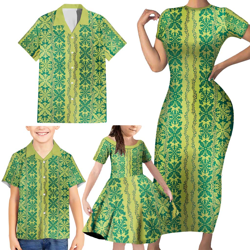 Hawaii Lei with Tribal Quilt Motif Family Matching Short Sleeve Bodycon Dress and Hawaiian Shirt LT9 - Polynesian Pride