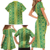 Hawaii Lei with Tribal Quilt Motif Family Matching Short Sleeve Bodycon Dress and Hawaiian Shirt LT9 - Polynesian Pride