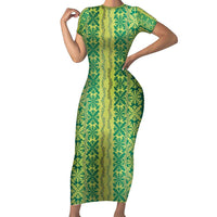 Hawaii Lei with Tribal Quilt Motif Family Matching Short Sleeve Bodycon Dress and Hawaiian Shirt LT9 Mom's Dress Green - Polynesian Pride