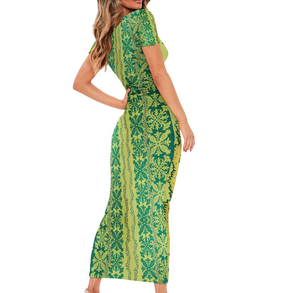 Hawaii Lei with Tribal Quilt Motif Family Matching Short Sleeve Bodycon Dress and Hawaiian Shirt LT9 - Polynesian Pride