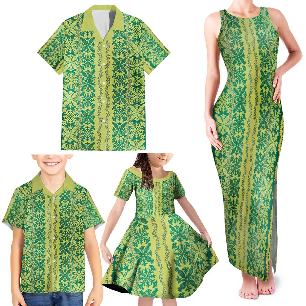 Hawaii Lei with Tribal Quilt Motif Family Matching Tank Maxi Dress and Hawaiian Shirt LT9 - Polynesian Pride