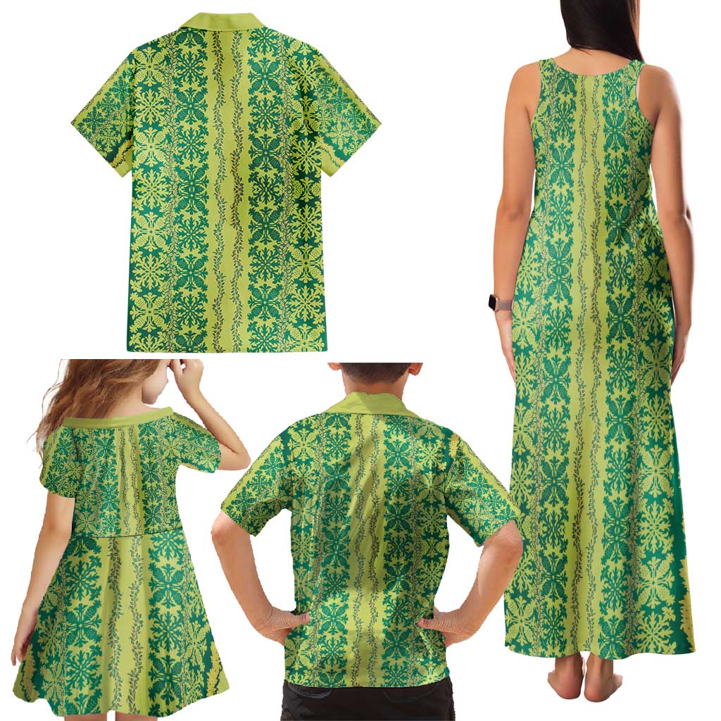 Hawaii Lei with Tribal Quilt Motif Family Matching Tank Maxi Dress and Hawaiian Shirt LT9 - Polynesian Pride