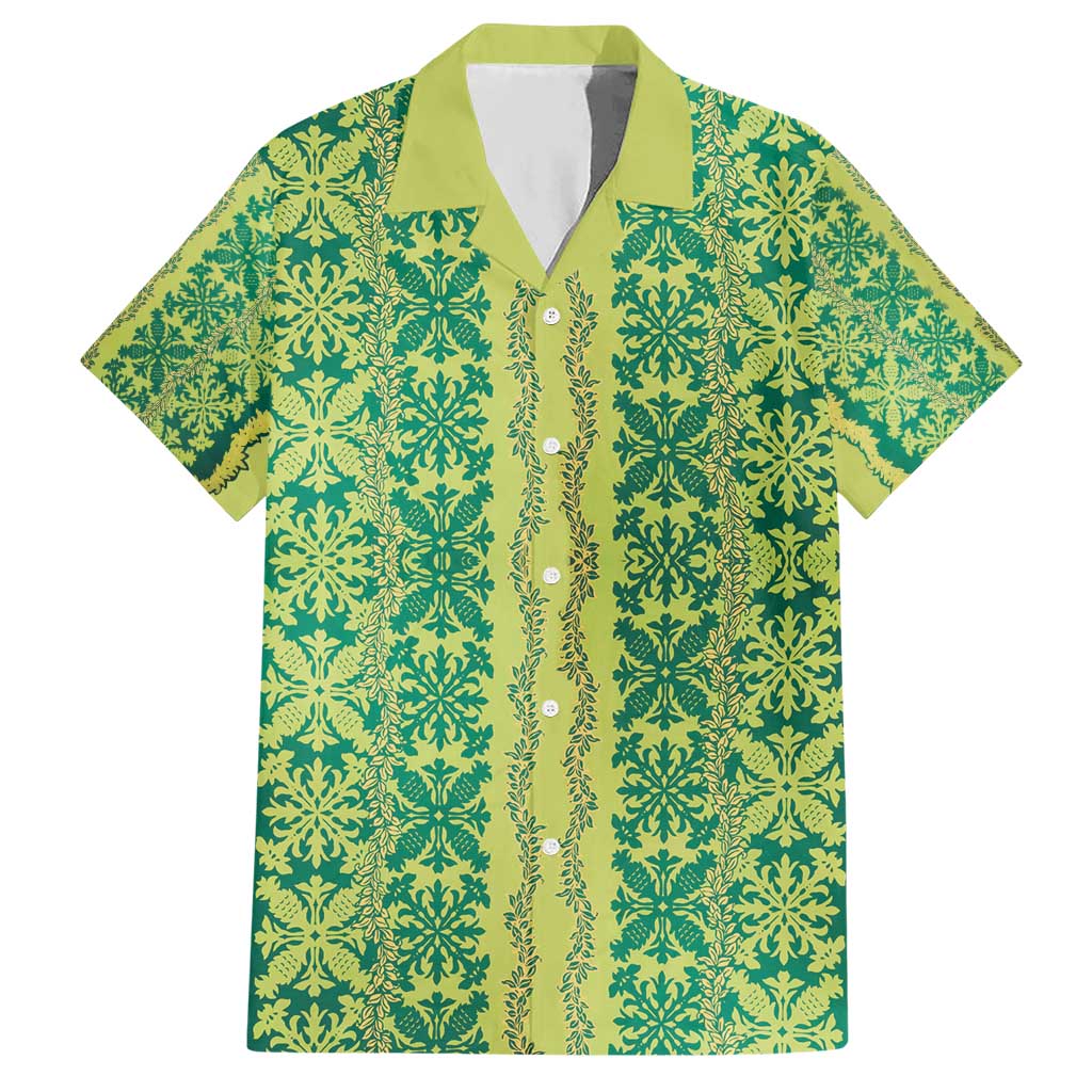 Hawaii Lei with Tribal Quilt Motif Hawaiian Shirt LT9 Green - Polynesian Pride