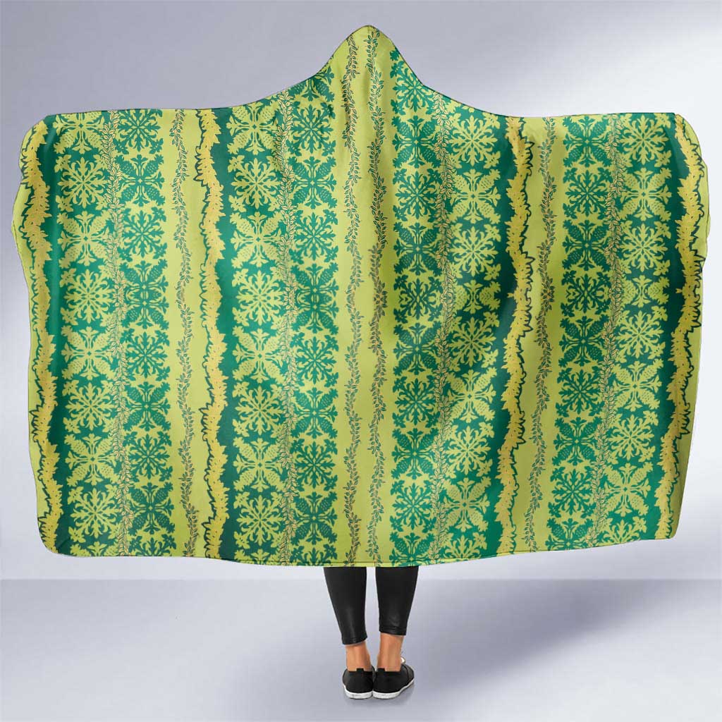 Hawaii Lei with Tribal Quilt Motif Hooded Blanket LT9 One Size Green - Polynesian Pride