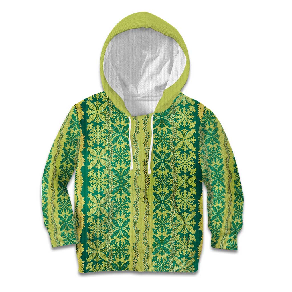 Hawaii Lei with Tribal Quilt Motif Kid Hoodie LT9 Hoodie Green - Polynesian Pride