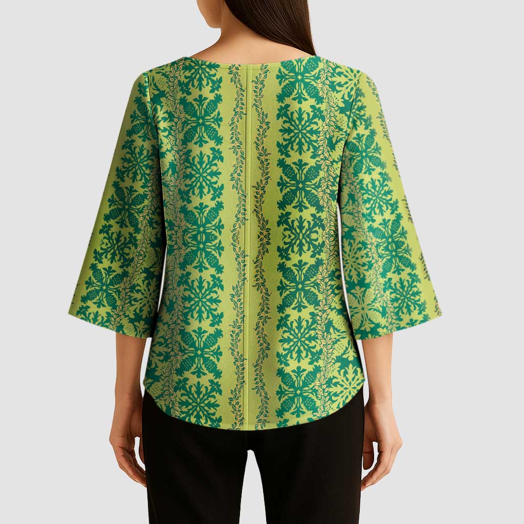 Hawaii Lei with Tribal Quilt Motif Kimono Sleeve Blouse - Polynesian Pride