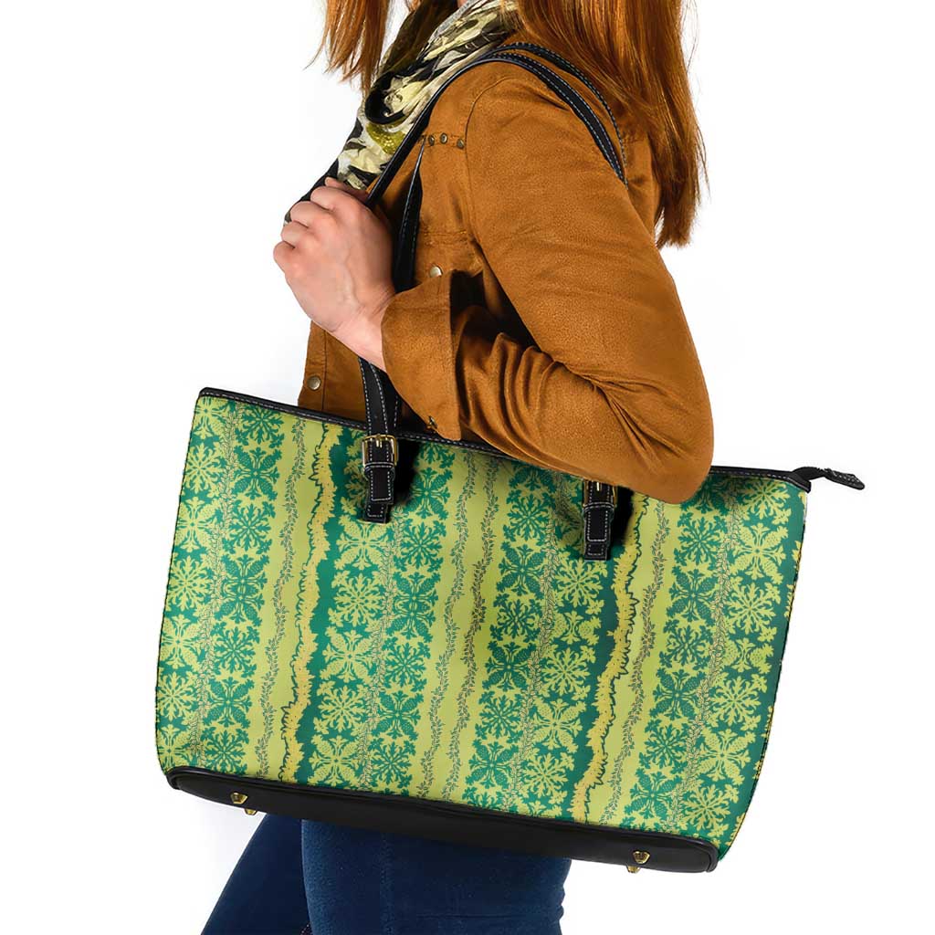 Hawaii Lei with Tribal Quilt Motif Leather Tote Bag LT9 Green - Polynesian Pride