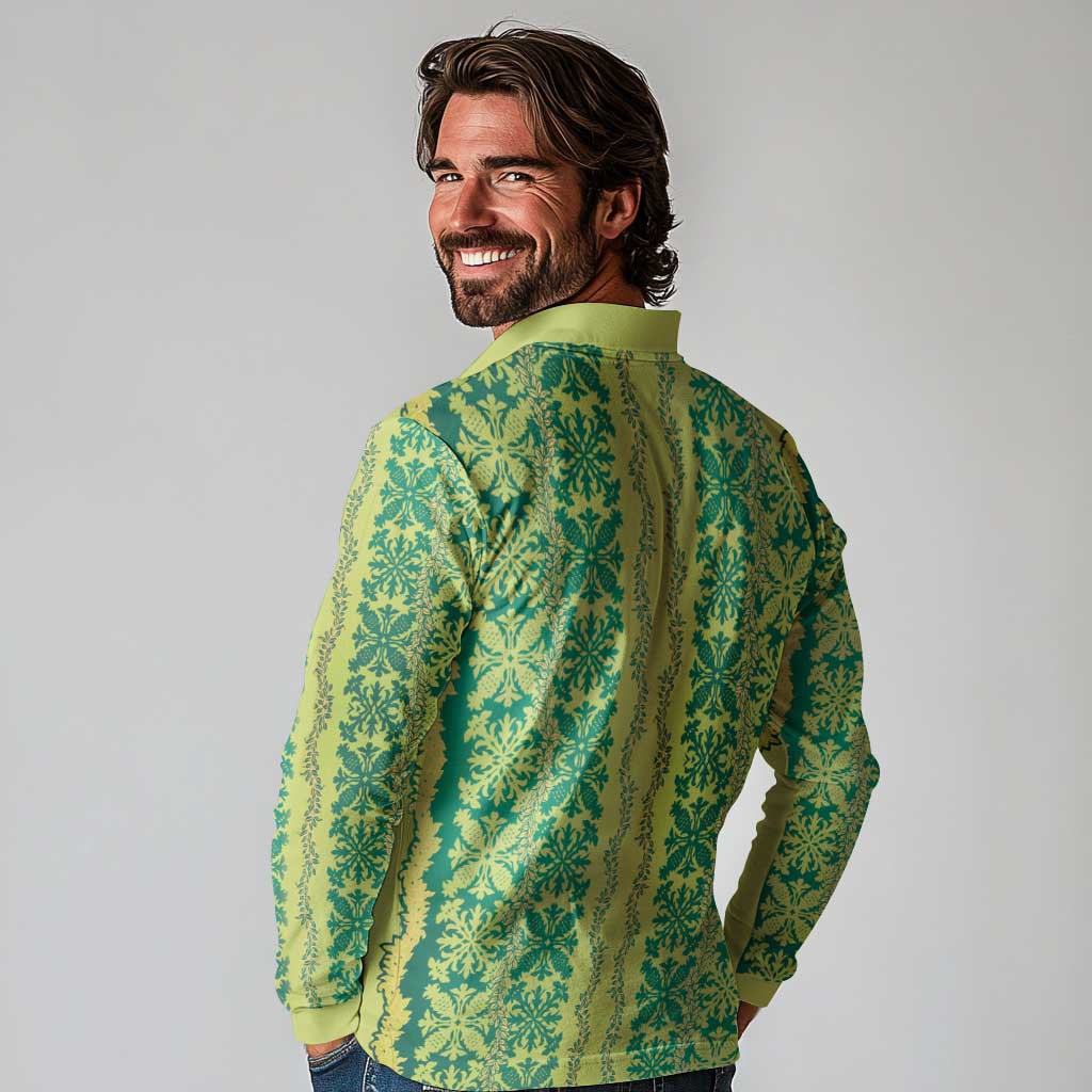 Hawaii Lei with Tribal Quilt Motif Long Sleeve Polo Shirt
