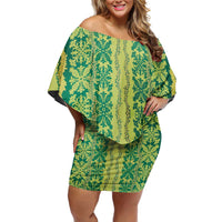 Hawaii Lei with Tribal Quilt Motif Off Shoulder Short Dress
