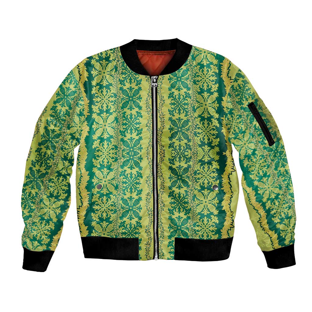 Hawaii Lei with Tribal Quilt Motif Sleeve Zip Bomber Jacket LT9 Unisex Green - Polynesian Pride