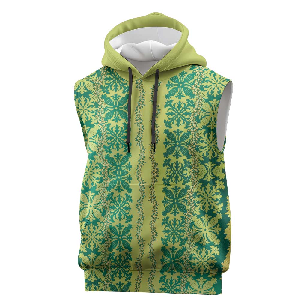 Hawaii Lei with Tribal Quilt Motif Sleeveless Hoodie LT9 Green - Polynesian Pride