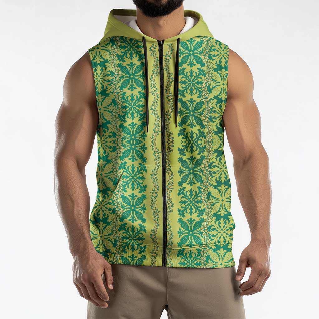 Hawaii Lei with Tribal Quilt Motif Sleeveless Zip Hoodie - Polynesian Pride