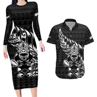 New Zealand Rugby Warrior Custom Couples Matching Long Sleeve Bodycon Dress and Hawaiian Shirt Black Fern Taniko Motif LT9 Black - Polynesian Pride