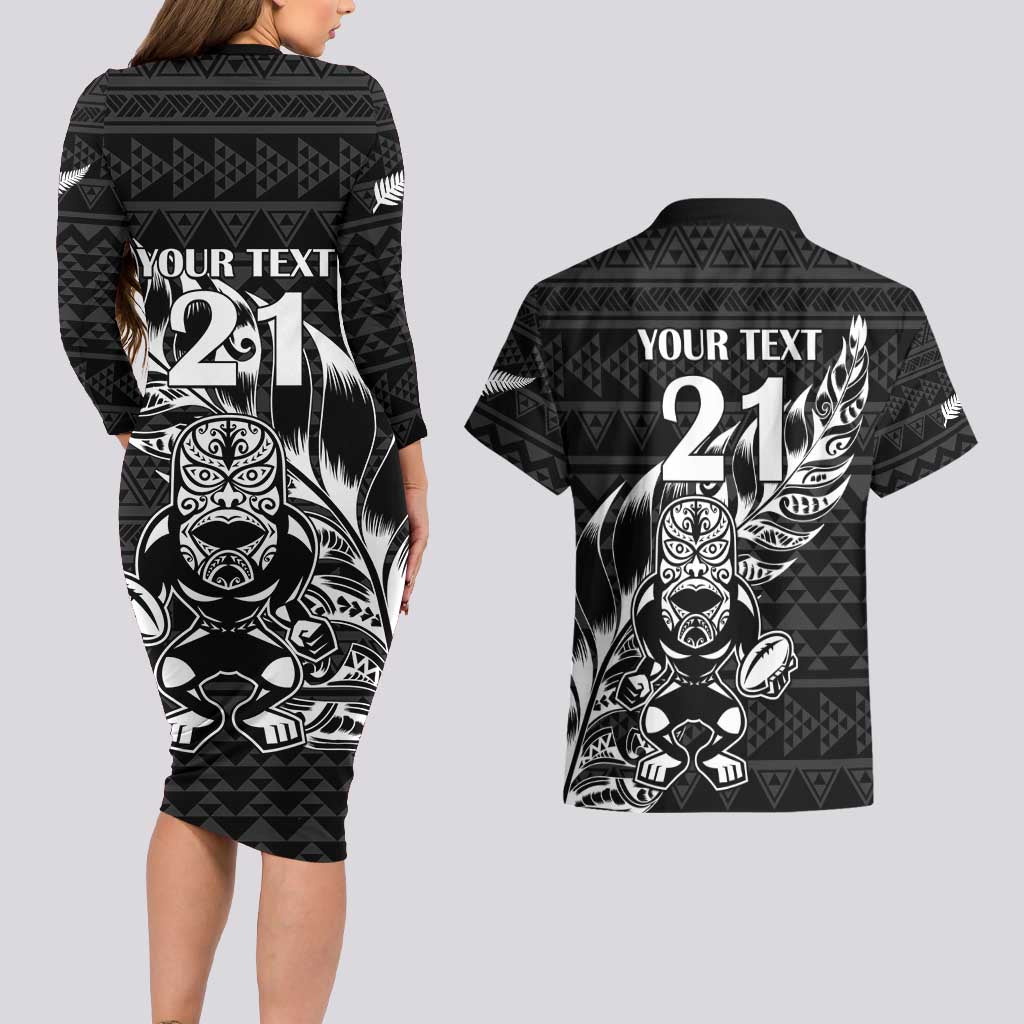 New Zealand Rugby Warrior Custom Couples Matching Long Sleeve Bodycon Dress and Hawaiian Shirt Black Fern Taniko Motif LT9 - Polynesian Pride