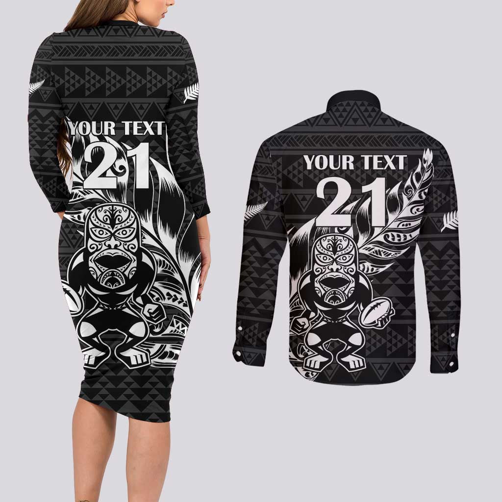 New Zealand Rugby Warrior Custom Couples Matching Long Sleeve Bodycon Dress and Long Sleeve Button Shirt Black Fern Taniko Motif LT9 - Polynesian Pride