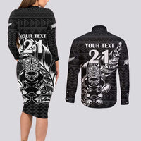 New Zealand Rugby Warrior Custom Couples Matching Long Sleeve Bodycon Dress and Long Sleeve Button Shirt Black Fern Taniko Motif LT9 - Polynesian Pride