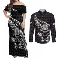 New Zealand Rugby Warrior Custom Couples Matching Off Shoulder Maxi Dress and Long Sleeve Button Shirt Black Fern Taniko Motif LT9 Black - Polynesian Pride