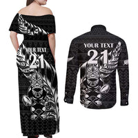 New Zealand Rugby Warrior Custom Couples Matching Off Shoulder Maxi Dress and Long Sleeve Button Shirt Black Fern Taniko Motif LT9 - Polynesian Pride