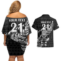 New Zealand Rugby Warrior Custom Couples Matching Off Shoulder Short Dress and Hawaiian Shirt Black Fern Taniko Motif LT9 - Polynesian Pride