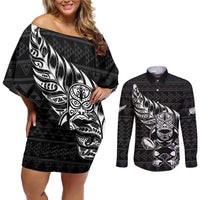 New Zealand Rugby Warrior Custom Couples Matching Off Shoulder Short Dress and Long Sleeve Button Shirt Black Fern Taniko Motif LT9 Black - Polynesian Pride