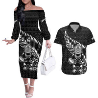 New Zealand Rugby Warrior Custom Couples Matching Off The Shoulder Long Sleeve Dress and Hawaiian Shirt Black Fern Taniko Motif LT9 Black - Polynesian Pride