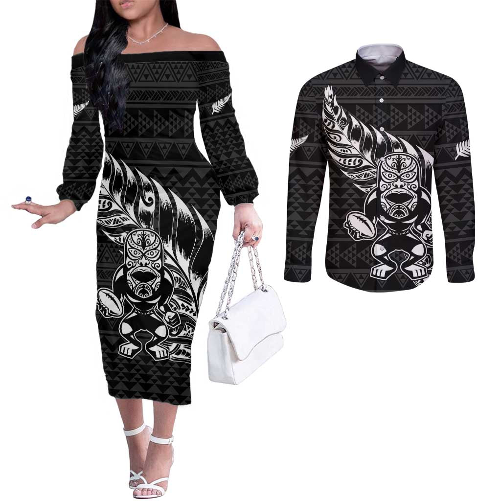 New Zealand Rugby Warrior Custom Couples Matching Off The Shoulder Long Sleeve Dress and Long Sleeve Button Shirt Black Fern Taniko Motif LT9 Black - Polynesian Pride