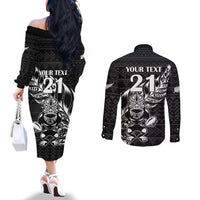 New Zealand Rugby Warrior Custom Couples Matching Off The Shoulder Long Sleeve Dress and Long Sleeve Button Shirt Black Fern Taniko Motif LT9 - Polynesian Pride