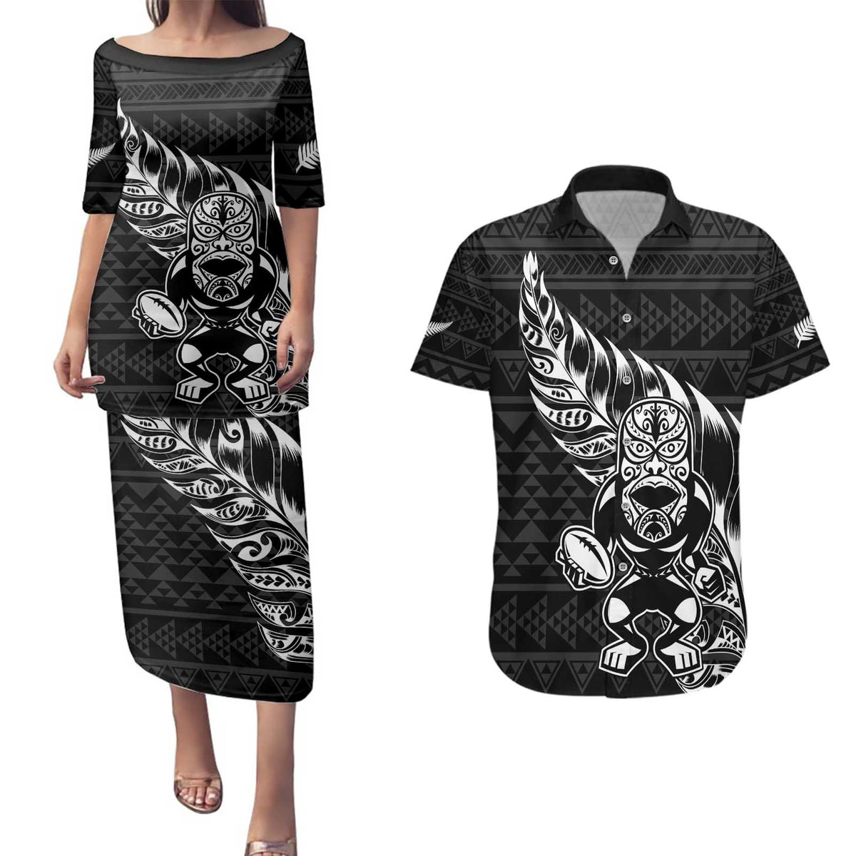 New Zealand Rugby Warrior Custom Couples Matching Puletasi and Hawaiian Shirt Black Fern Taniko Motif LT9 Black - Polynesian Pride