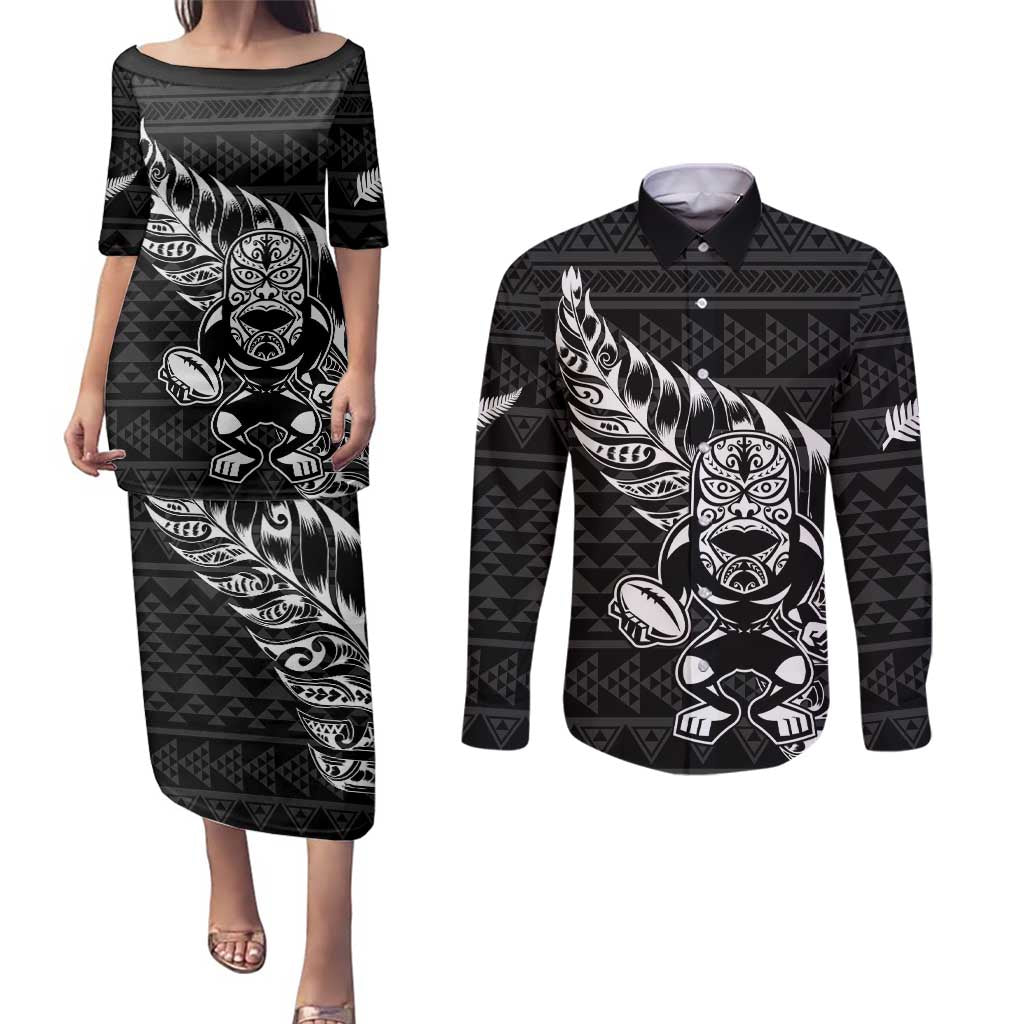 New Zealand Rugby Warrior Custom Couples Matching Puletasi and Long Sleeve Button Shirt Black Fern Taniko Motif LT9 Black - Polynesian Pride