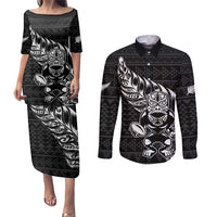 New Zealand Rugby Warrior Custom Couples Matching Puletasi and Long Sleeve Button Shirt Black Fern Taniko Motif LT9 Black - Polynesian Pride