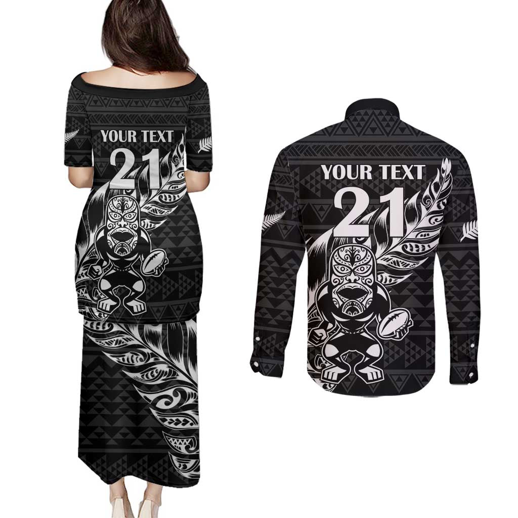 New Zealand Rugby Warrior Custom Couples Matching Puletasi and Long Sleeve Button Shirt Black Fern Taniko Motif LT9 - Polynesian Pride