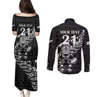 New Zealand Rugby Warrior Custom Couples Matching Puletasi and Long Sleeve Button Shirt Black Fern Taniko Motif LT9 - Polynesian Pride