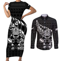 New Zealand Rugby Warrior Custom Couples Matching Short Sleeve Bodycon Dress and Long Sleeve Button Shirt Black Fern Taniko Motif LT9 Black - Polynesian Pride