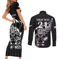 New Zealand Rugby Warrior Custom Couples Matching Short Sleeve Bodycon Dress and Long Sleeve Button Shirt Black Fern Taniko Motif LT9 - Polynesian Pride