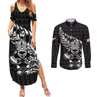 New Zealand Rugby Warrior Custom Couples Matching Summer Maxi Dress and Long Sleeve Button Shirt Black Fern Taniko Motif LT9 Black - Polynesian Pride