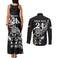 New Zealand Rugby Warrior Custom Couples Matching Tank Maxi Dress and Long Sleeve Button Shirt Black Fern Taniko Motif LT9 - Polynesian Pride