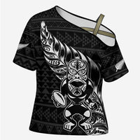New Zealand Rugby Warrior Custom Cross Shoulder Shirt Black Fern Taniko Motif LT9 Female Black - Polynesian Pride