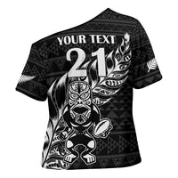 New Zealand Rugby Warrior Custom Cross Shoulder Shirt Black Fern Taniko Motif LT9 - Polynesian Pride