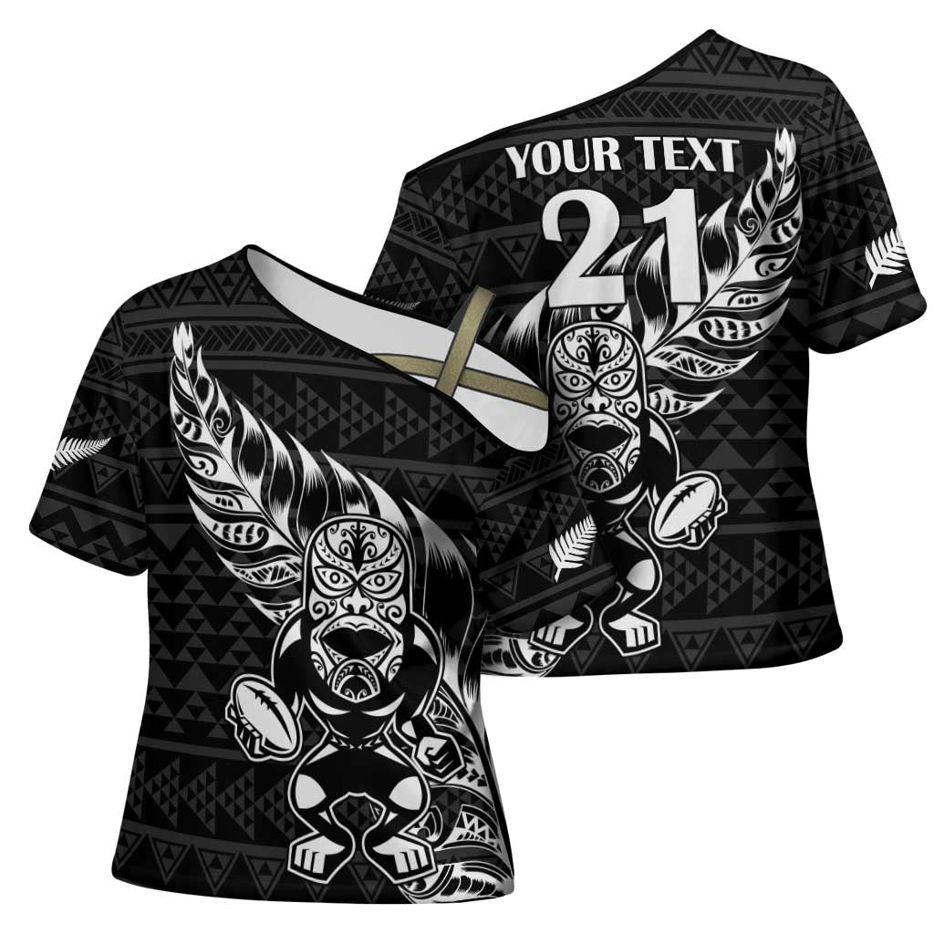 New Zealand Rugby Warrior Custom Cross Shoulder Shirt Black Fern Taniko Motif LT9 - Polynesian Pride
