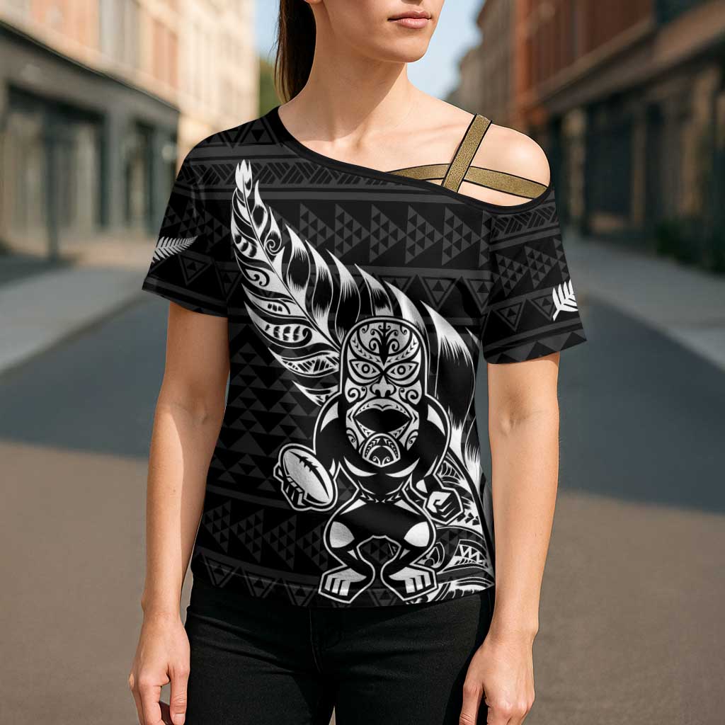 New Zealand Rugby Warrior Custom Cross Shoulder Shirt Black Fern Taniko Motif LT9 - Polynesian Pride
