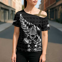 New Zealand Rugby Warrior Custom Cross Shoulder Shirt Black Fern Taniko Motif LT9 - Polynesian Pride