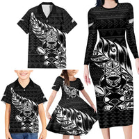 New Zealand Rugby Warrior Custom Family Matching Long Sleeve Bodycon Dress and Hawaiian Shirt Black Fern Taniko Motif LT9 - Polynesian Pride