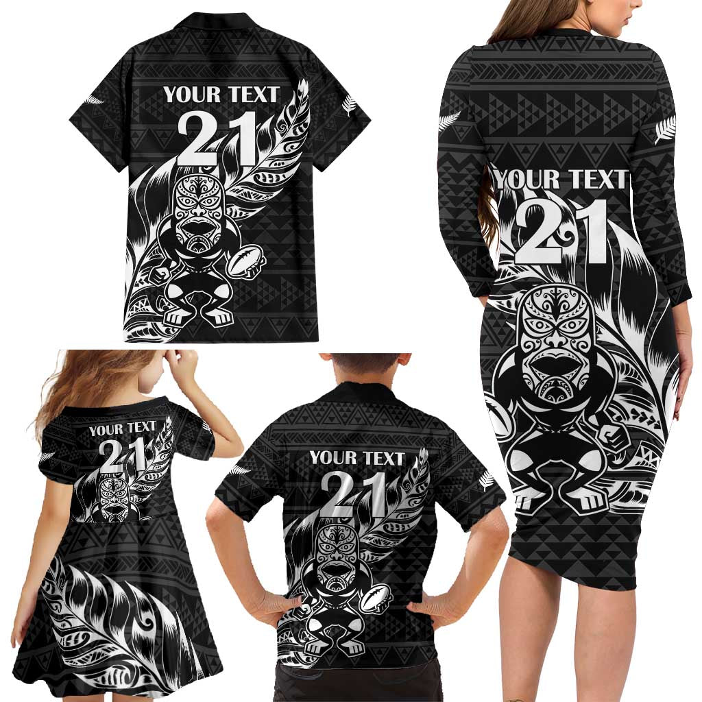 New Zealand Rugby Warrior Custom Family Matching Long Sleeve Bodycon Dress and Hawaiian Shirt Black Fern Taniko Motif LT9 - Polynesian Pride