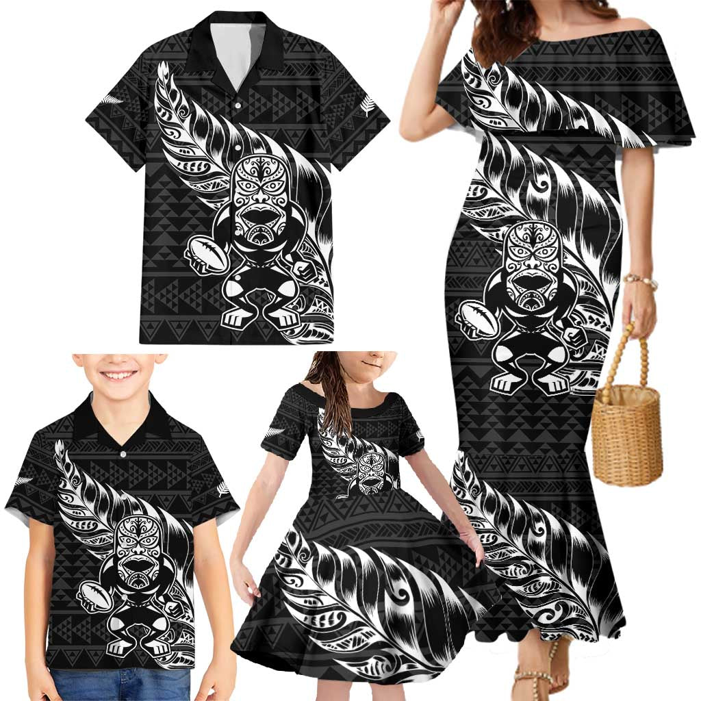 New Zealand Rugby Warrior Custom Family Matching Mermaid Dress and Hawaiian Shirt Black Fern Taniko Motif LT9 - Polynesian Pride